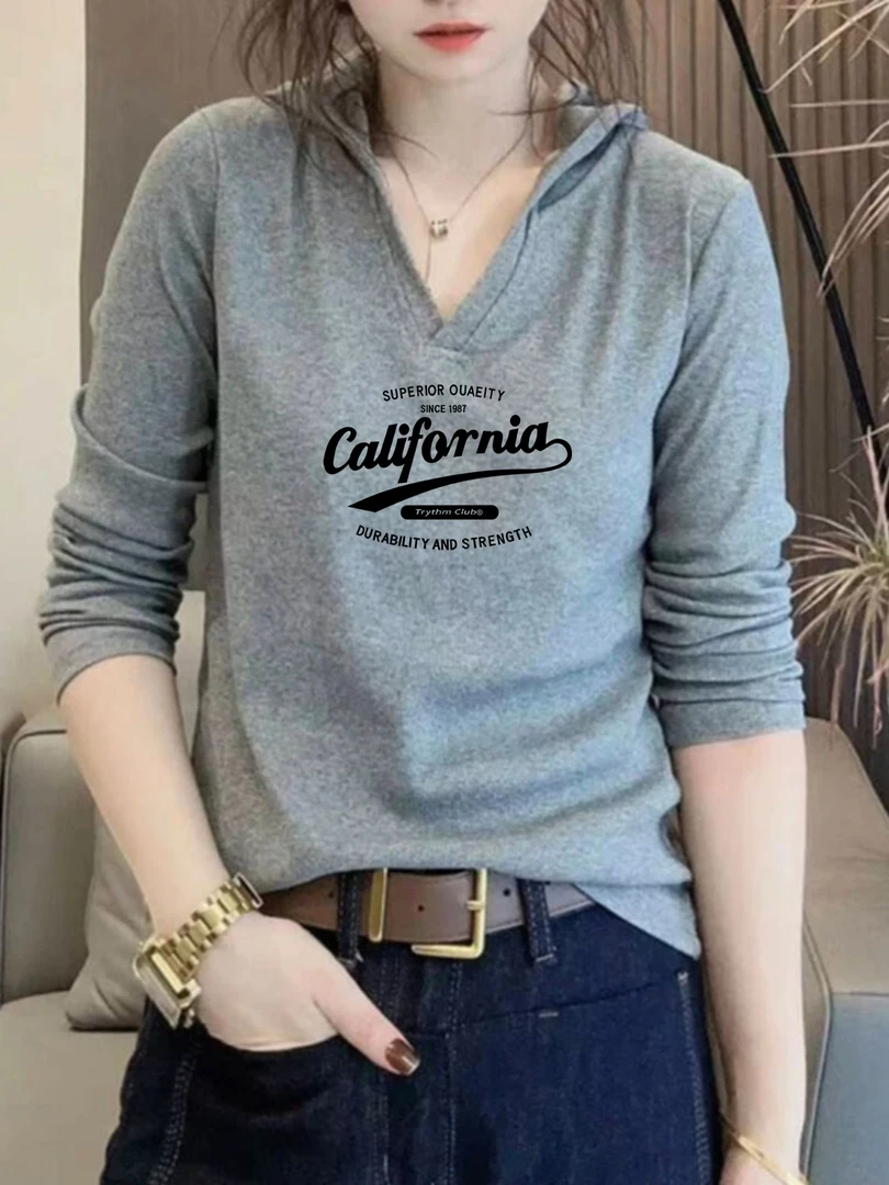 设计感百搭长袖显瘦时尚连帽t恤女韩系春秋洋气纯色打底衫上衣ins