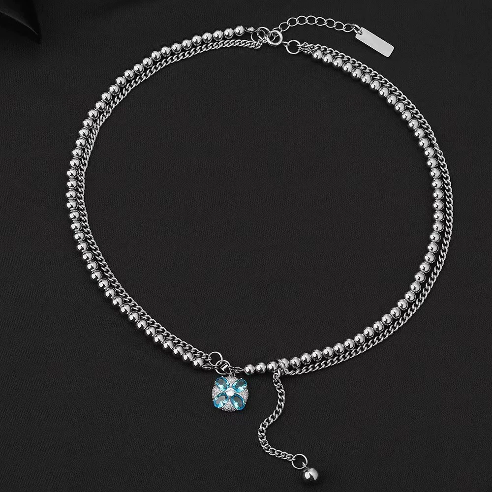 钛钢锆石吊坠 MERCURY BLUES原创设计颈链镶钻四叶草吊坠钛钢项链