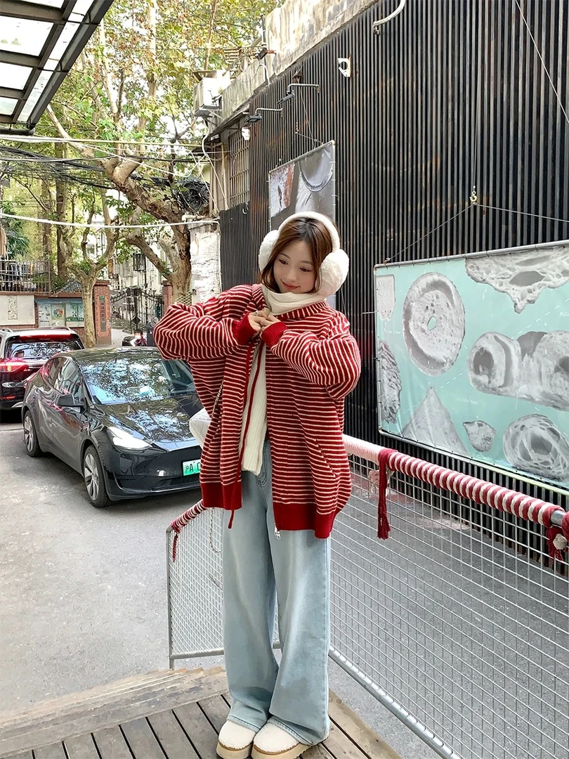 慢人风松弛感条纹连帽毛衣女韩版宽松休闲百搭显瘦拉链针织外套