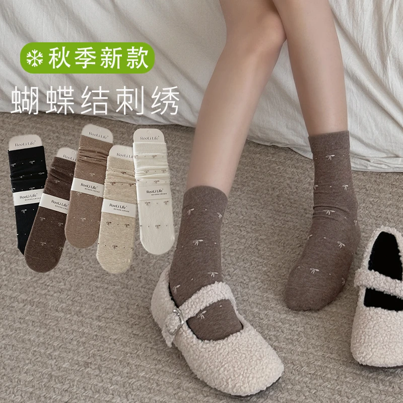 女防滑学院风耐磨薄款中筒袜极简风秋季冬季蝴蝶结柔软舒适堆堆袜