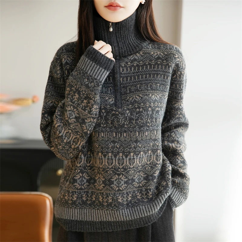 哥弟阿玛施正品冬季拼色费尔岛提花半拉链针织衫复古洋气通勤上衣