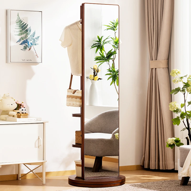 实木全身镜落地镜家用带挂衣架一体穿衣镜卧室可旋转移动试衣镜子
