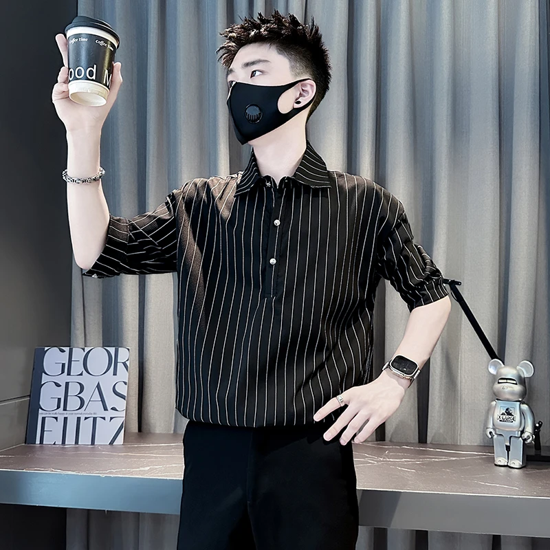 夏季男士条纹短袖衬衫2025新款爆款高级感潮牌男装夏款中袖衬衣寸