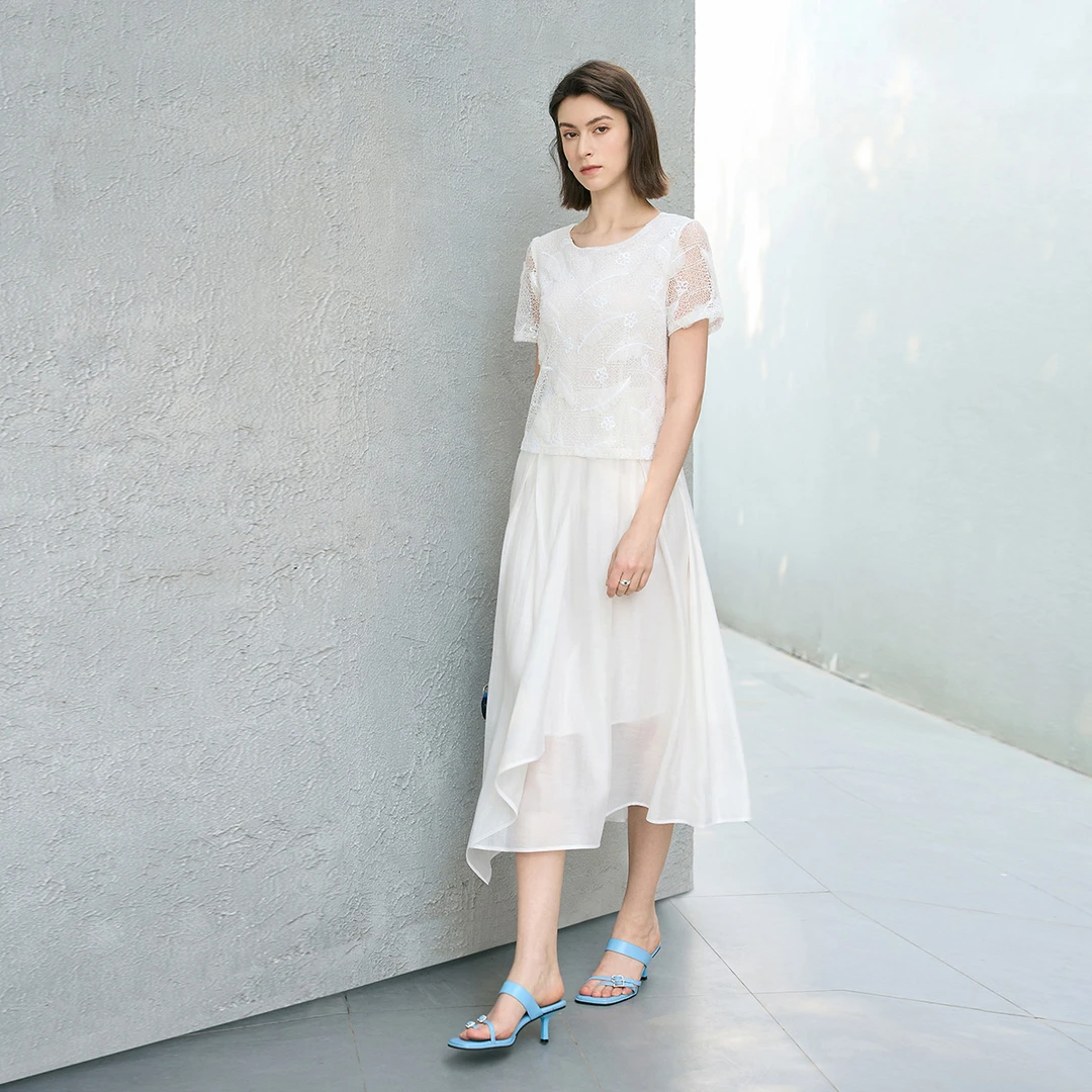 颜域假两件白色蕾丝夏季连衣裙女减龄过膝气质长裙子20S250439