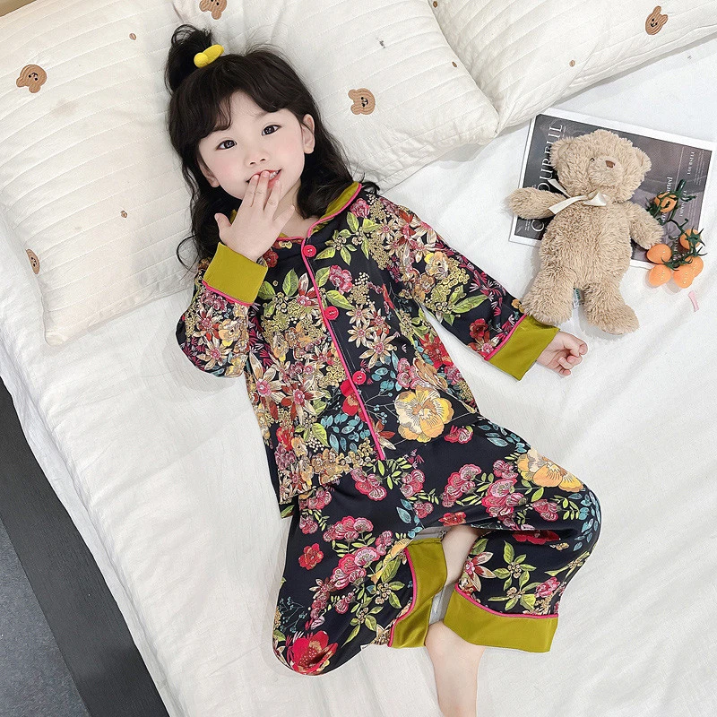 女童睡衣女孩春秋季绵绸薄款长袖套装儿童宝宝夏季可爱冰丝家居服