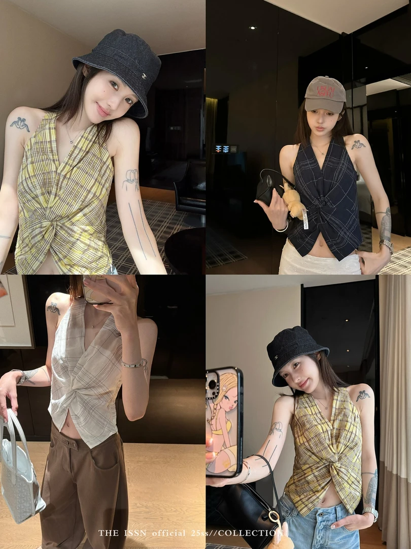 THEISSN宁司 格纹扭结v领挂脖背心女夏季短款无袖上衣 01018
