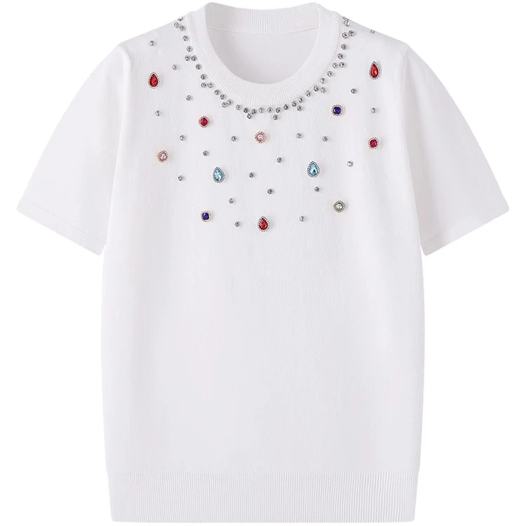重工钉钻彩钻高级感针织短袖女2025夏季新款时尚气质宽松大码上衣