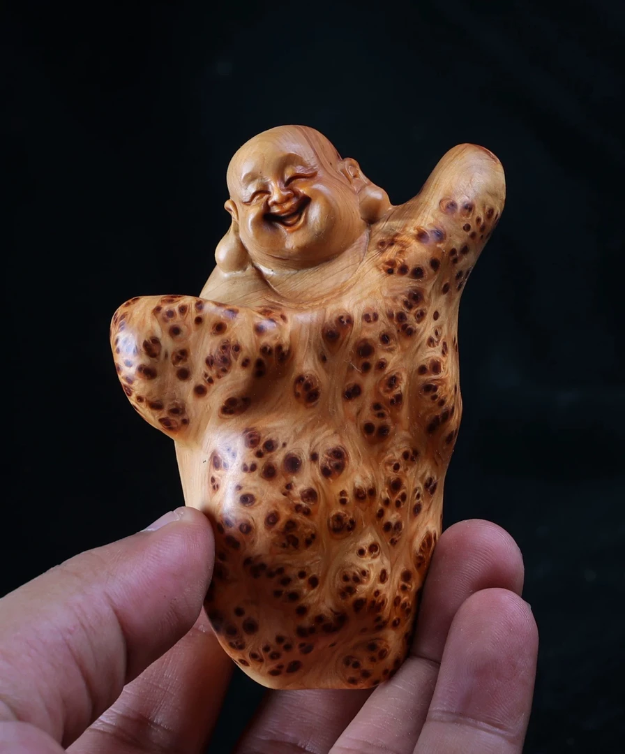 崖柏木满瘤疤弥勒佛木雕手把玩件工艺品