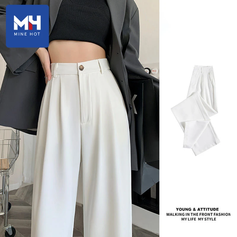 唐狮集团MH米白色裤子垂坠感春季2025新款高腰直筒阔腿裤西装长裤