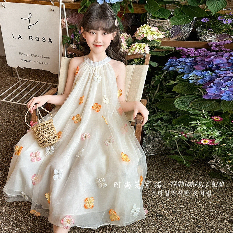 女童连衣裙夏装2025新款立体花朵夏季挂脖网红纱裙子碎花洋气裙子