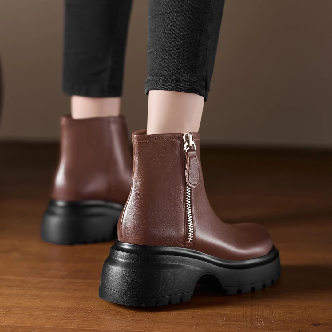 6.5cm小个子不累脚厚底马丁靴侧拉链圆头短靴真皮短筒单靴机车靴