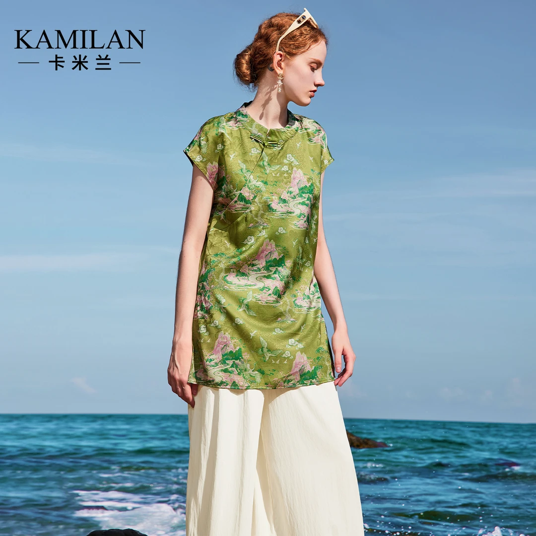卡米兰新中式印花气质衬衫女2025新款古国风复古盘扣衬衫上衣夏季