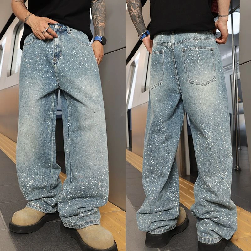 巴黎风阔版满天星烫钻牛仔裤男款设计感潮牌高级感男士宽松阔腿裤