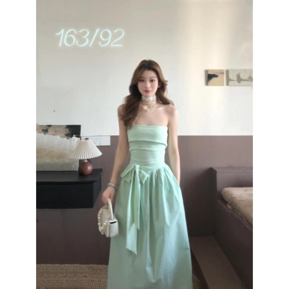 MARIE.COCO2025夏季新款法式蝴蝶结收腰抹胸连衣裙女高级感长裙子