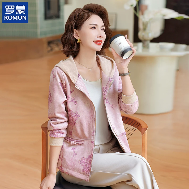 罗蒙洋气妈妈秋装外套新款中年女花色连帽上衣中老年秋季休闲夹克