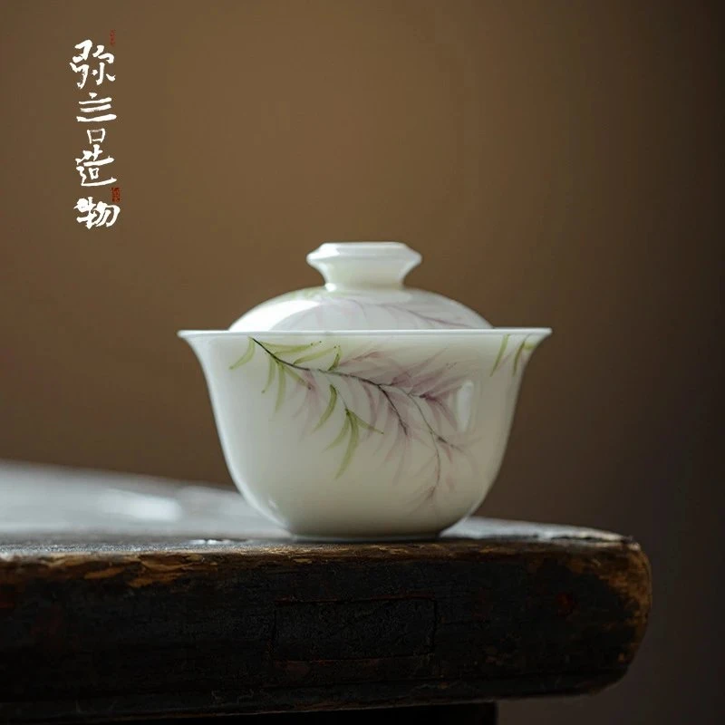 墨己玉泥手绘紫荆静婉功夫茶碗小盖碗高档陶瓷釉下彩泡茶碗茶杯