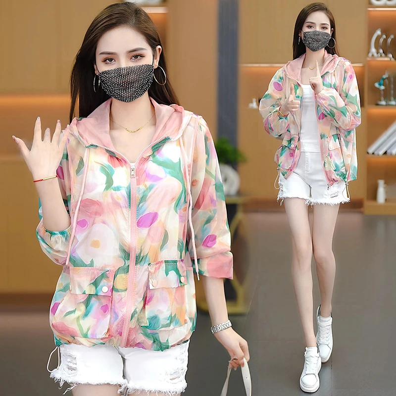 2025夏季时尚新款彩色拼接设计防晒外套女士宽松休闲百搭连帽外套