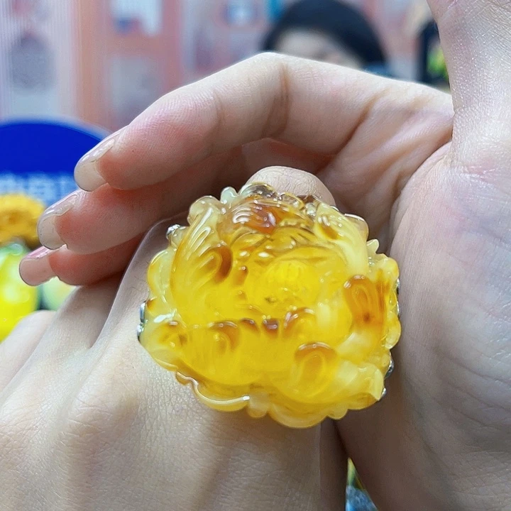 蜜蜡银S925镶嵌裸石戒指