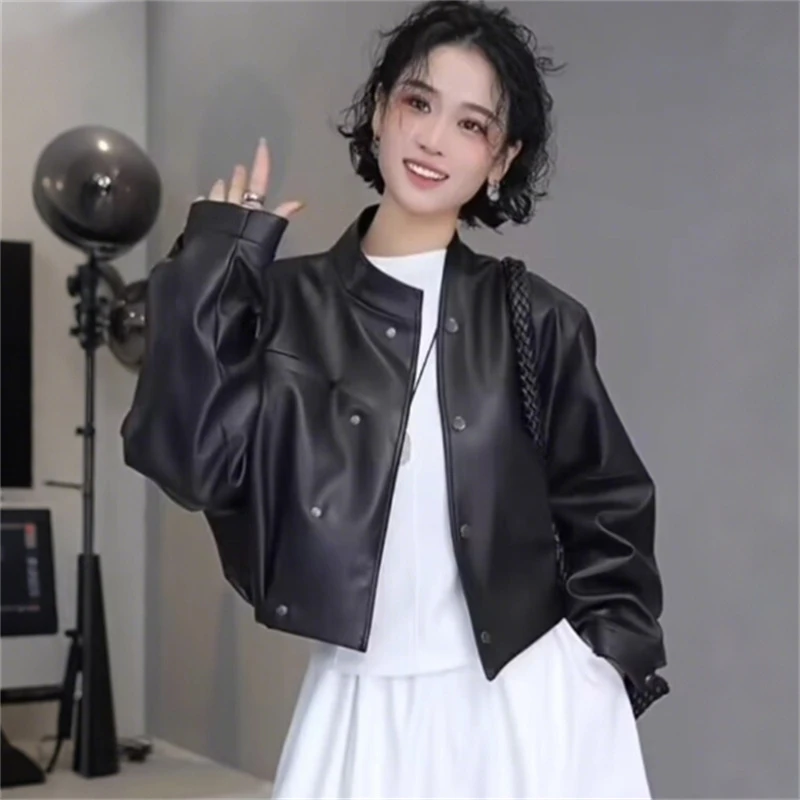 2025早春复古不规则斜襟扣立领百搭宽松皮衣短外套设计感夹克上衣