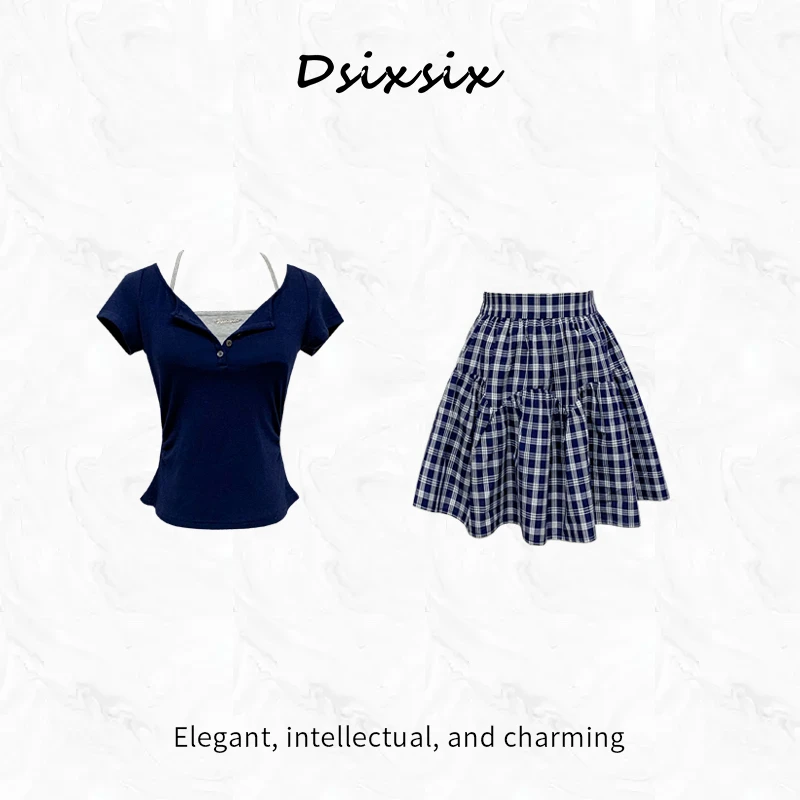 MEI KA【冰萃夏日】夏季美式学院风时尚气质格纹显瘦半身裙套装