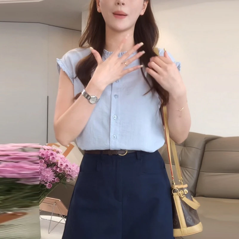 韩版纯色无袖木耳边衬衫女夏季新款洋气时尚圆领小众开衫上衣女装