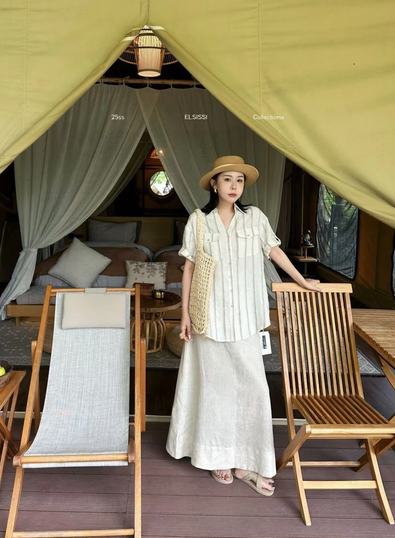 福秒-高智感～卷边袖条纹短袖衬衫（E8689#）ELSISSI