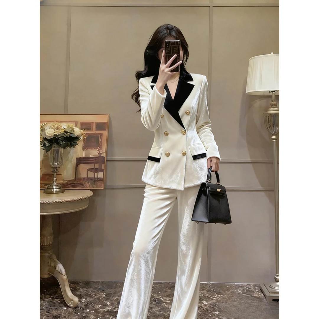 【万达撤柜】时尚干练轻奢高端大方得体小香风白色丝绒西装外套裤