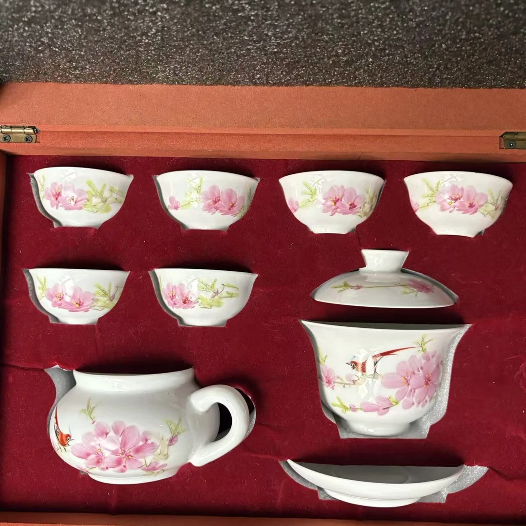 景德镇水点桃花盖碗茶具整套