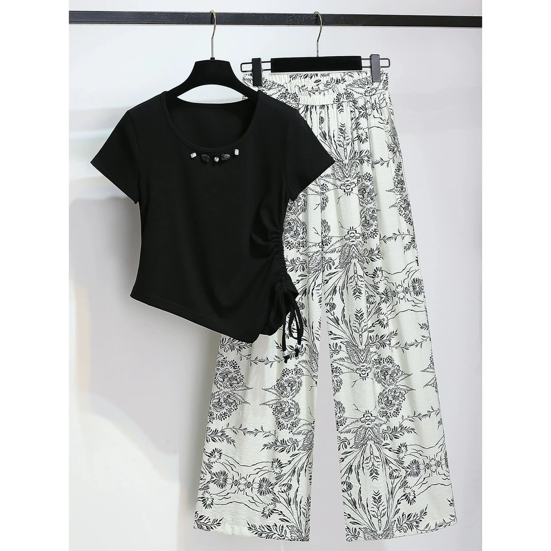 1555时尚休闲套装女2025新款夏季短袖不规则上衣+阔腿裤两件套