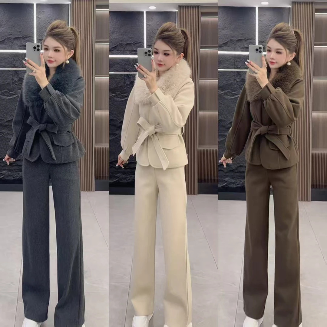秋冬5132 加棉保暖气质可拆卸大毛领系绳上衣外套 加 长裤 两件套
