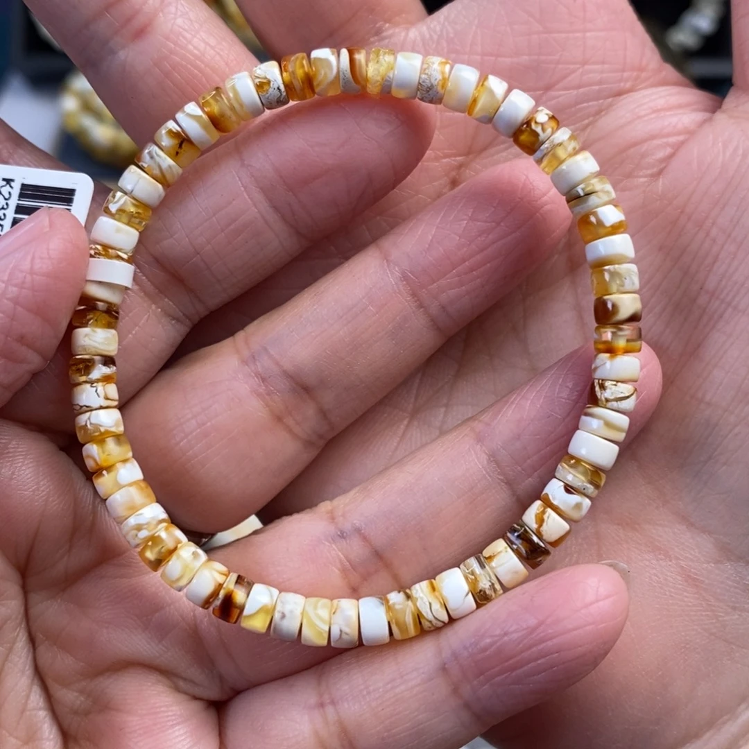 蜜蜡未镶嵌裸石金瓷白拉丝纹药片手串5