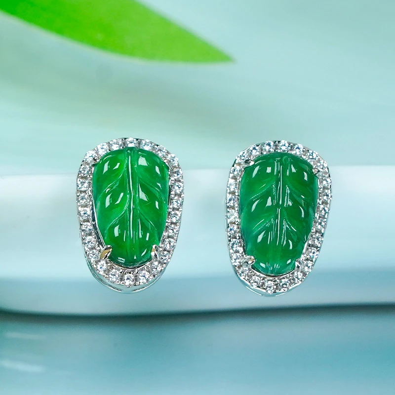 冰透冰润豪镶时尚百搭银镶嵌天然冰辣绿翡翠A货叶子耳钉