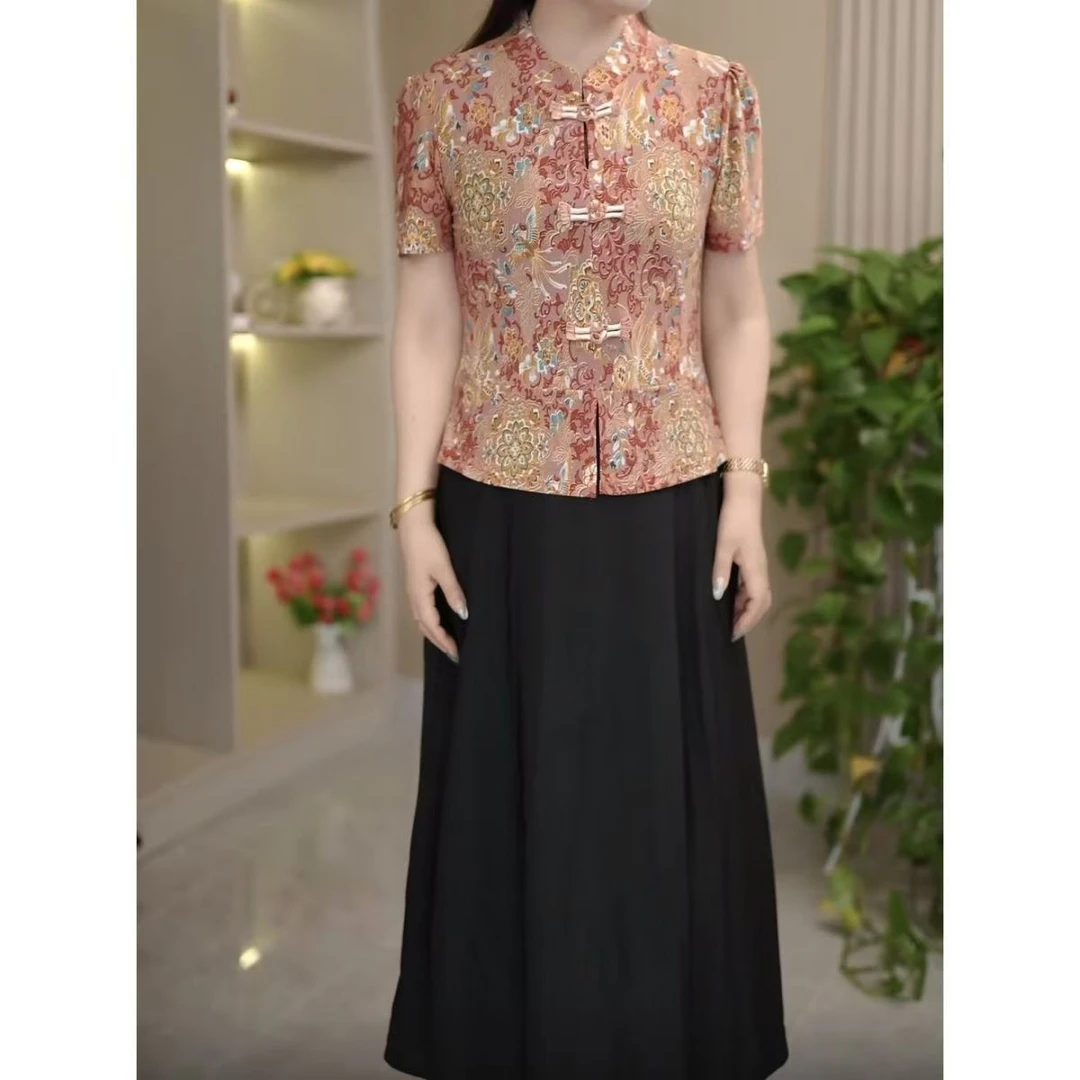 新中式立领盘扣假两件连衣裙2025新款大码显瘦中年妈妈时尚长裙