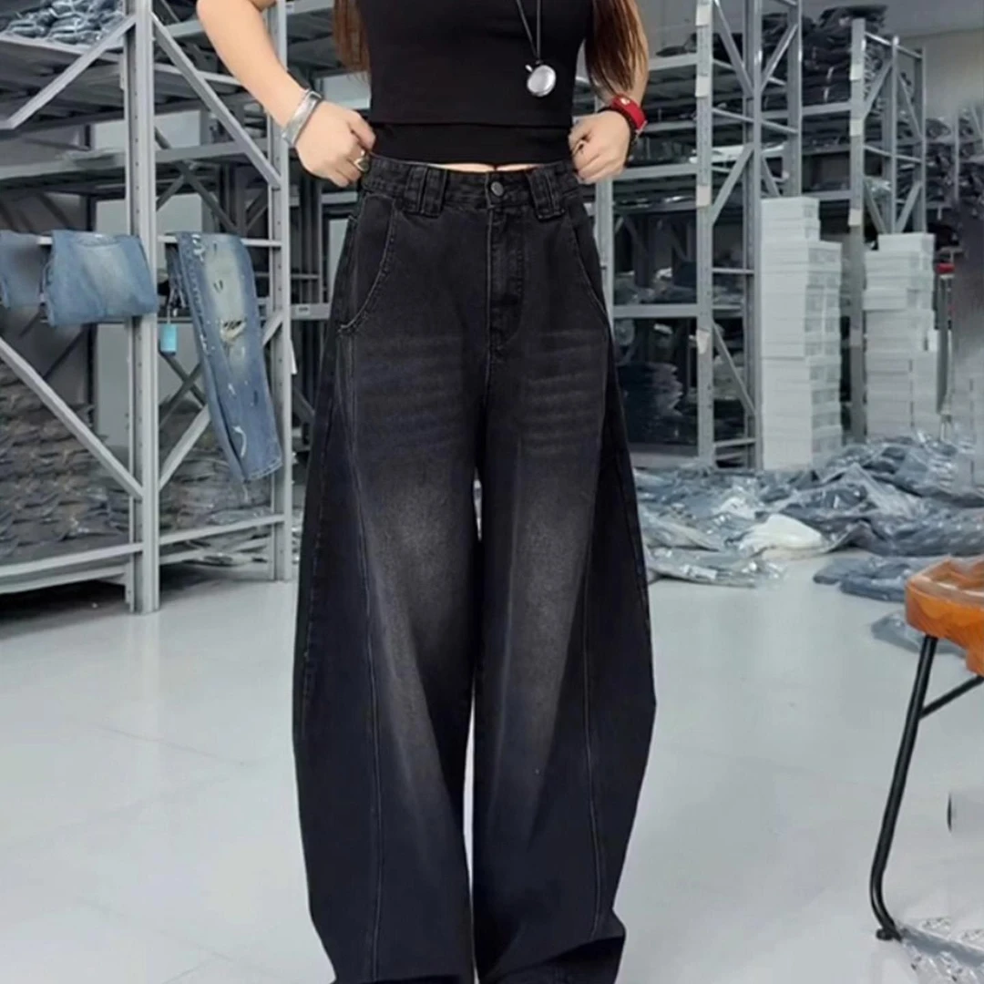 黑色弯刀牛仔裤女2025年秋季新款梨形身材大码显瘦覆古宽松阔腿裤