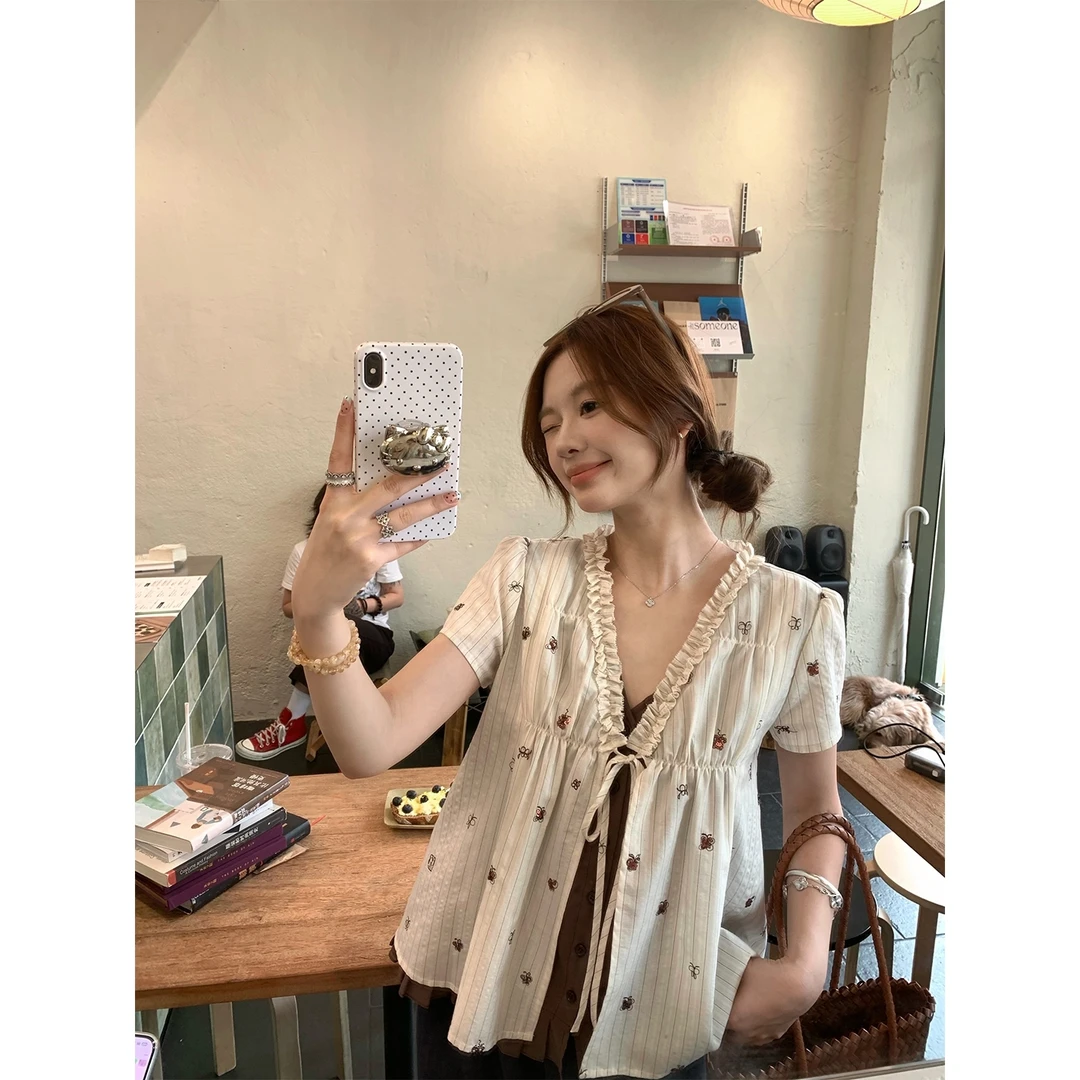 2025夏季韩系温柔风条纹系带木耳边短袖娃娃衫女宽松显瘦衬衫上衣