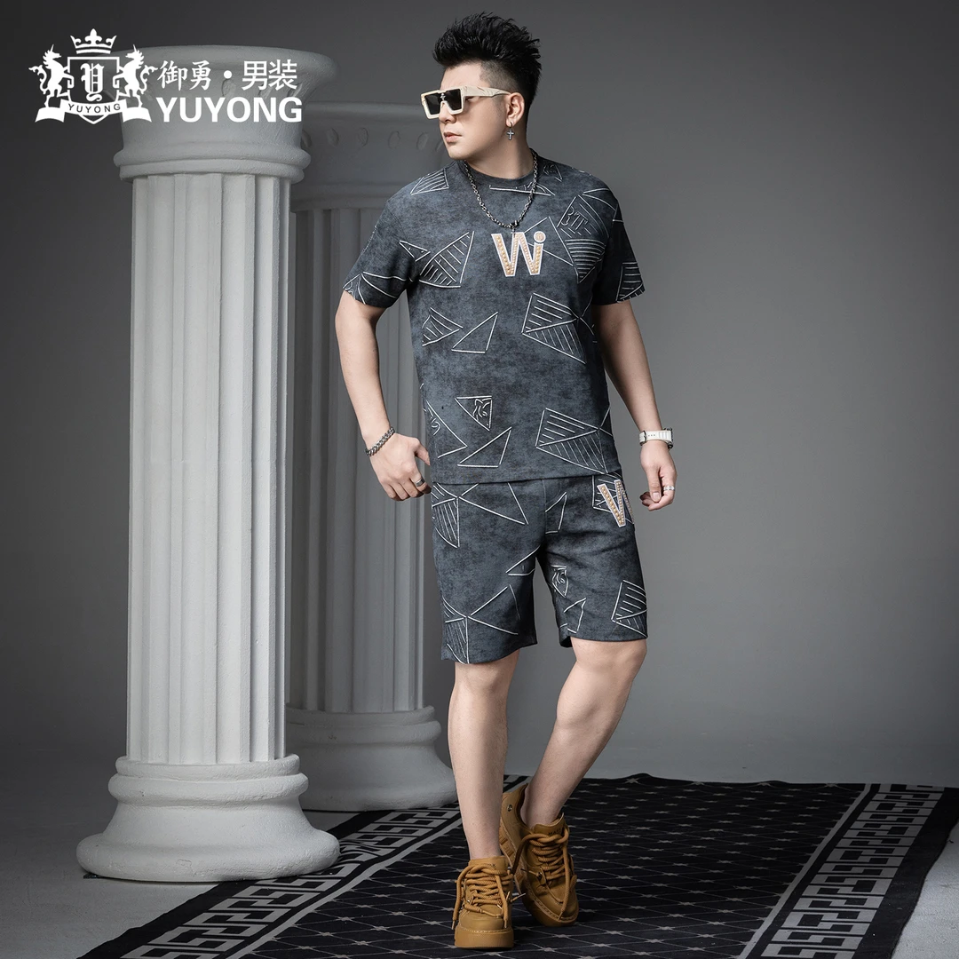 欧洲站男士休闲套装夏季潮流短袖T恤五分裤高级感穿搭男装两件套