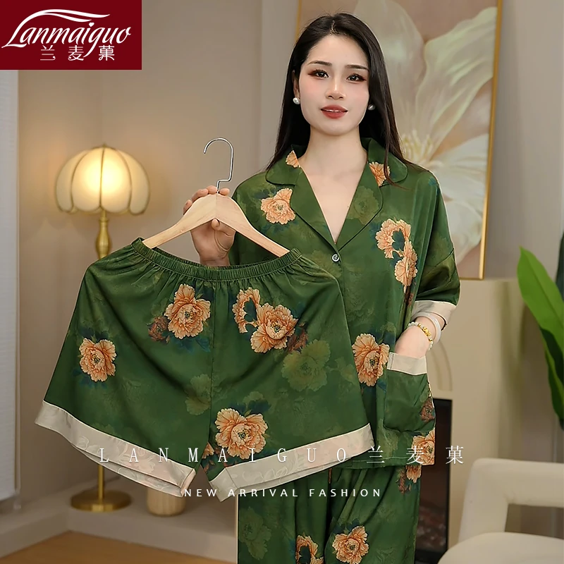 兰麦菓牡丹三件套睡衣女2025春夏季新款新中式奢华气质冰丝家居服