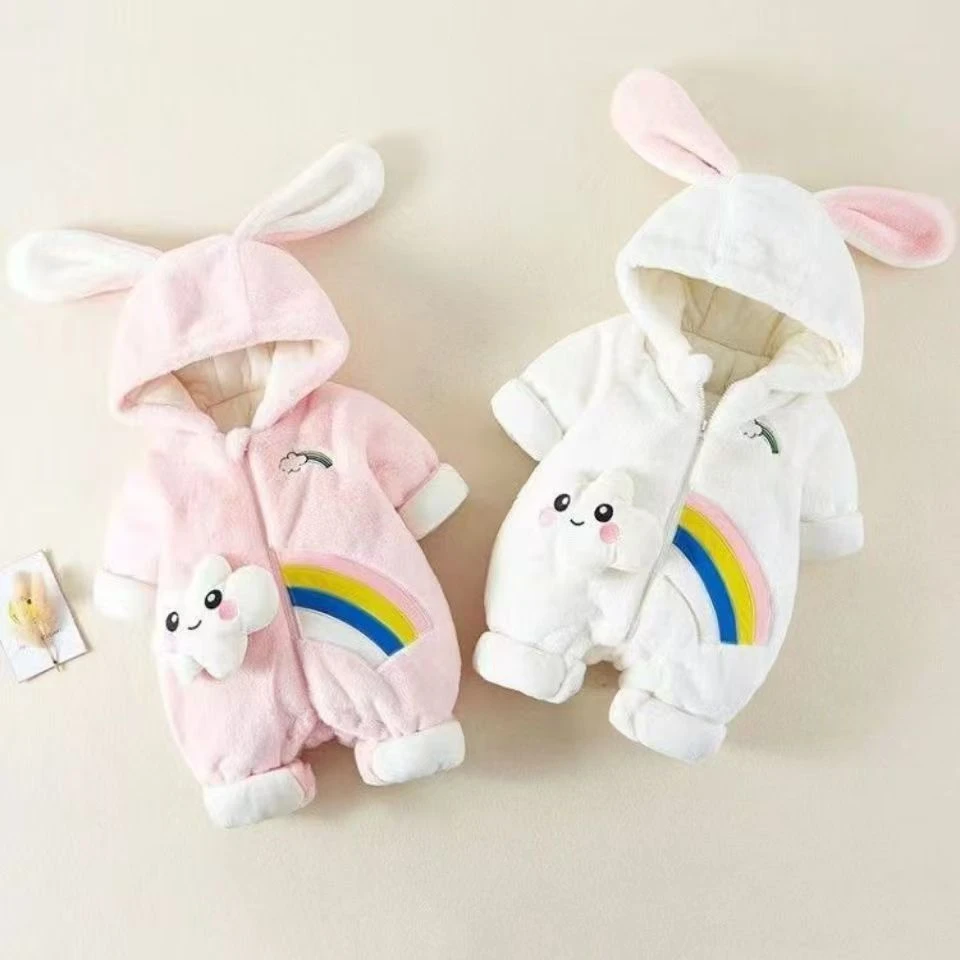 上新啦！！！0113新款冬季彩虹厚棉宝宝连帽婴幼儿加绒加厚连体哈衣