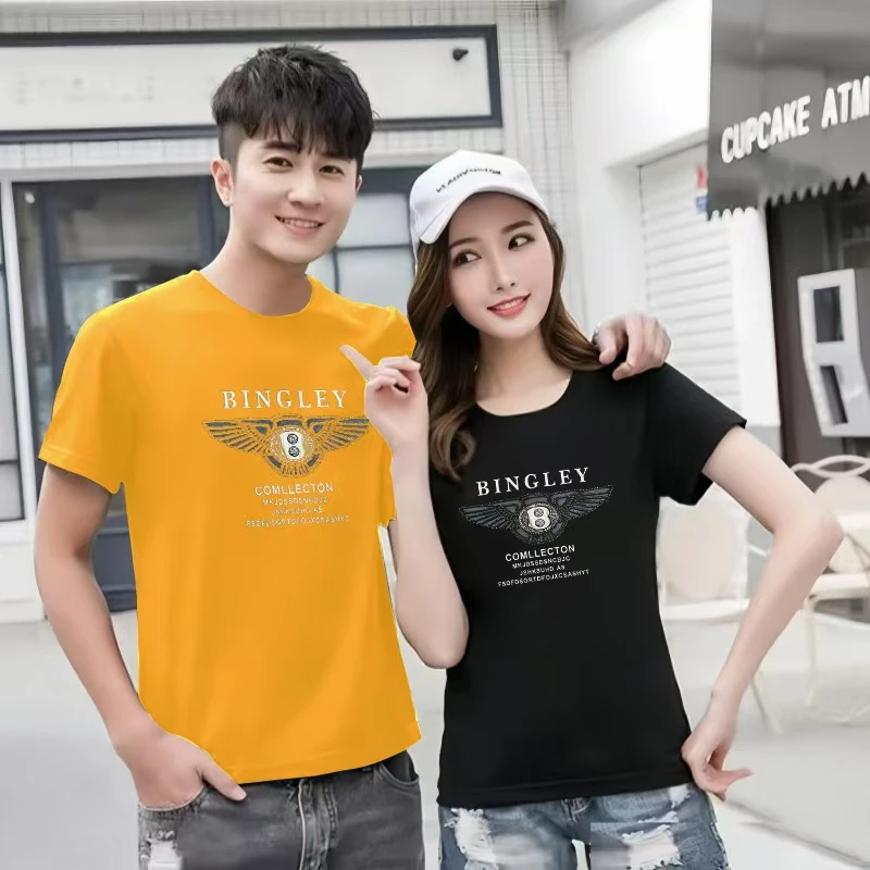 夏季男女同款烫钻欧洲站欧美半袖弹力大码简约百搭轻奢圆领短袖