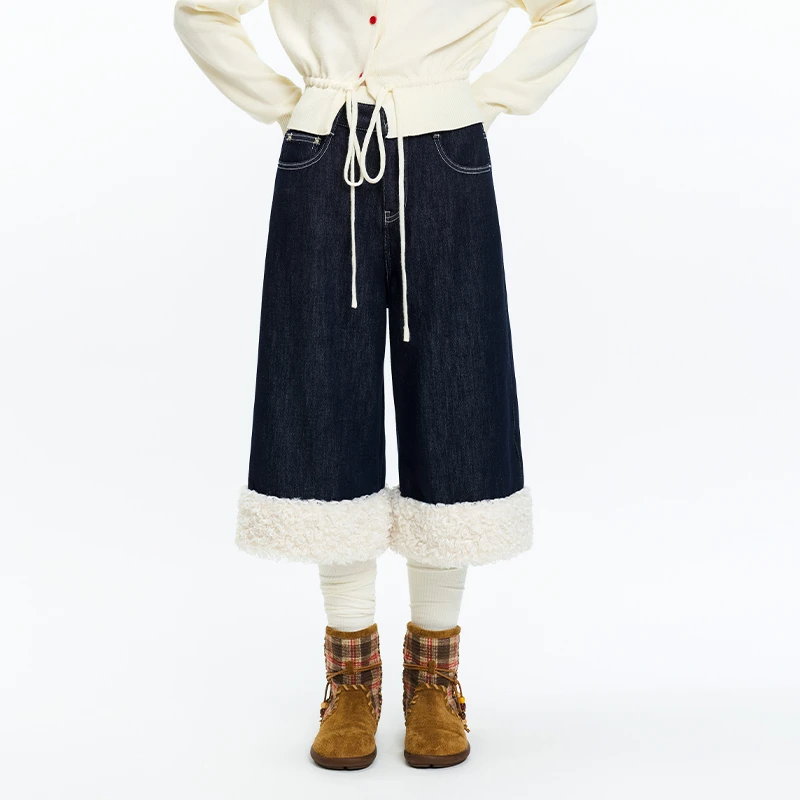 老玛儿冬季时尚百搭直筒牛仔中裤2025年新款宽松阔腿裤加绒休闲裤