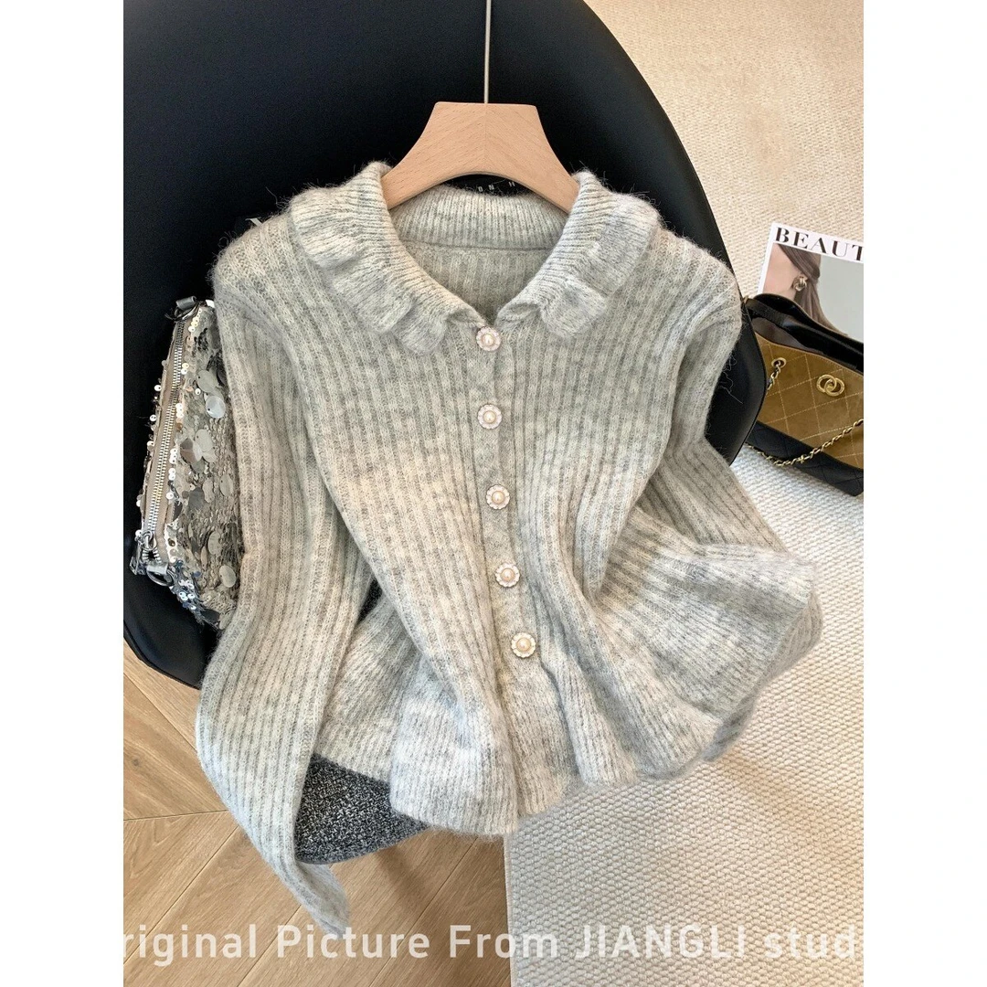专柜撤回剪标翻领木耳边长袖针织开衫女秋冬新款甜美软糯毛衣外套