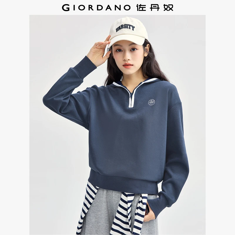 佐丹奴外套女装秋季刺绣撞色边连帽半开胸双面布卫衣 13324727