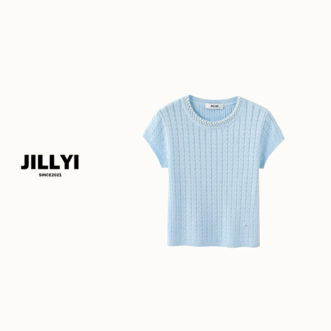 JILLYI珠海店【海盐奶油】蓝白双色领口手缝珍珠简约轻奢细节针织衫