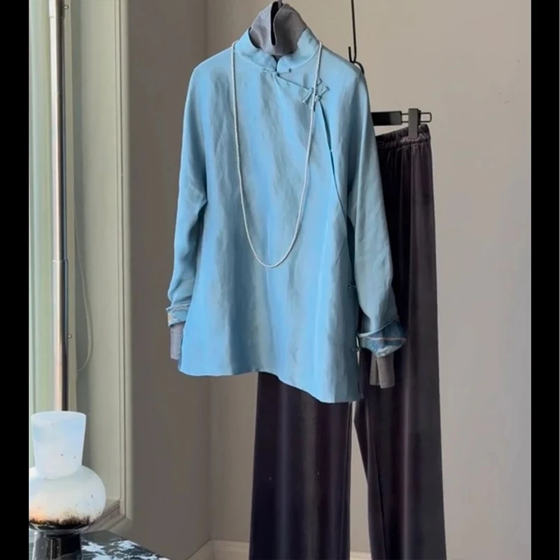 2025春季新款蓝色新中式衬衫高级设计感斜襟盘扣垂感阔腿裤套装女