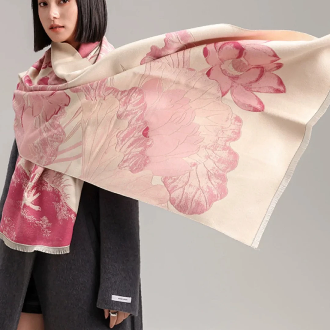围巾女（大叶莲鸟）双面秋冬国风款围脖保暖外搭宽松洋气空调披肩
