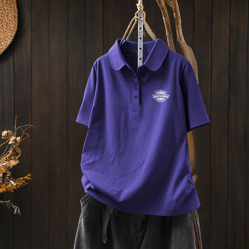 夏新款休闲文艺简约短袖百搭洋气纯棉翻领大码polo领显瘦上衣女装