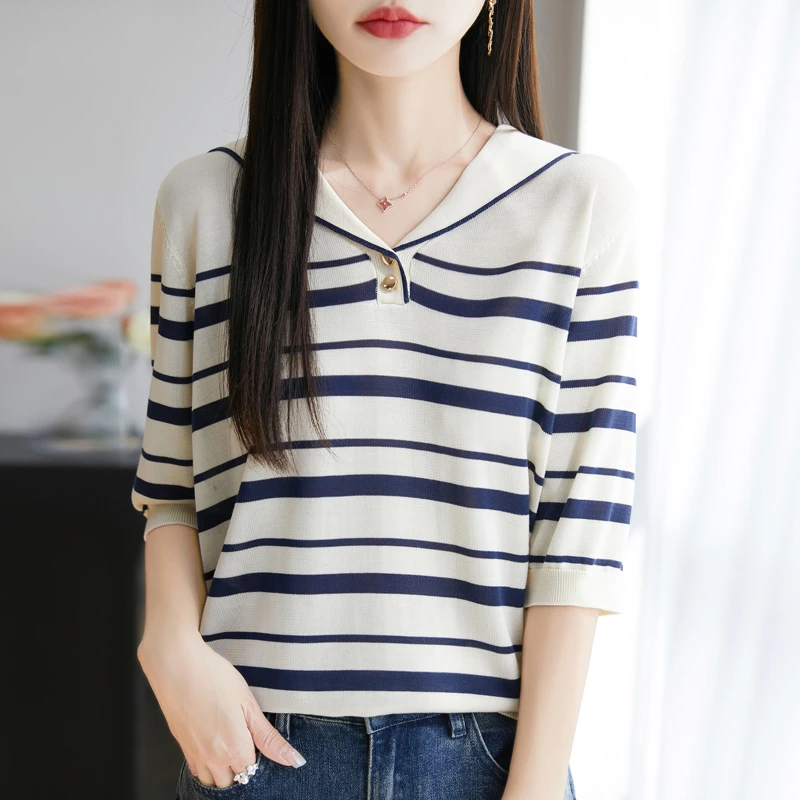 100%莱赛尔天丝针织五分袖女春夏海军领条纹T恤宽松半袖打底上衣