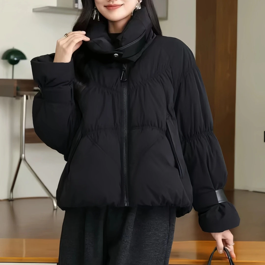 欣喜若狂（黑色）羽绒服立领拼接短款白鸭绒冬季加厚女装外套