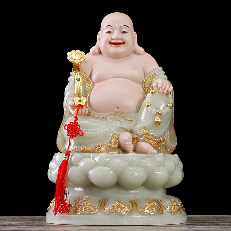 汉白玉弥勒佛像石雕笑佛家居未来佛翠玉镶金大肚佛工艺摆件客厅