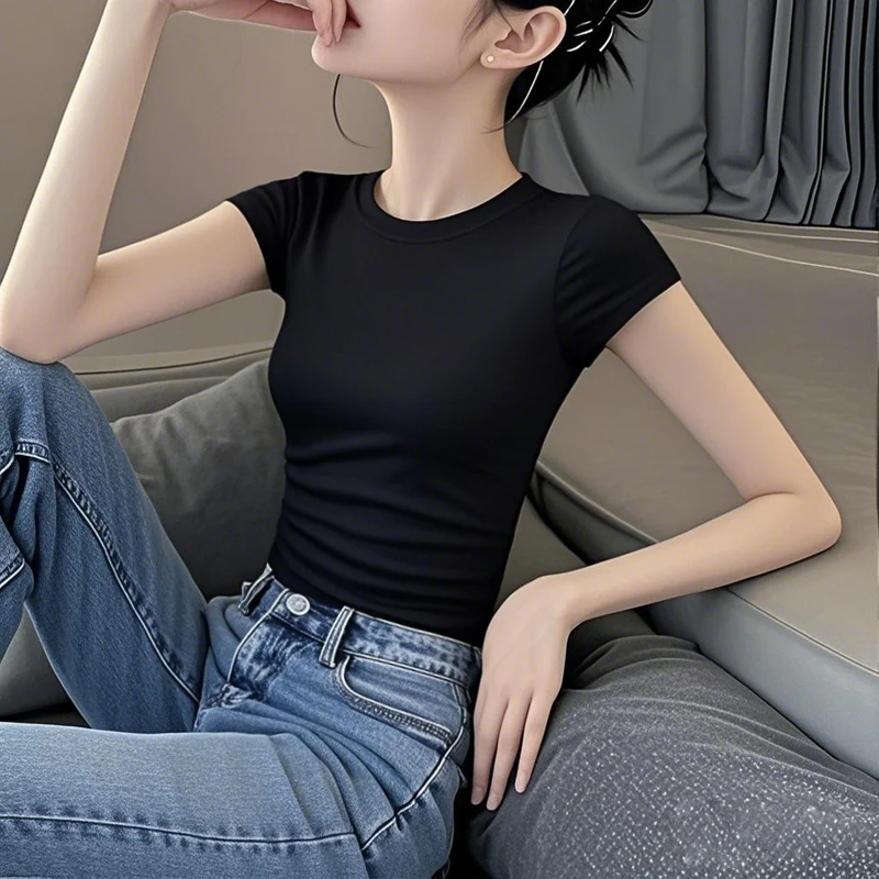 2025新款夏季圆领正肩小袖黑色短袖T恤女修身外穿小众设计感上衣